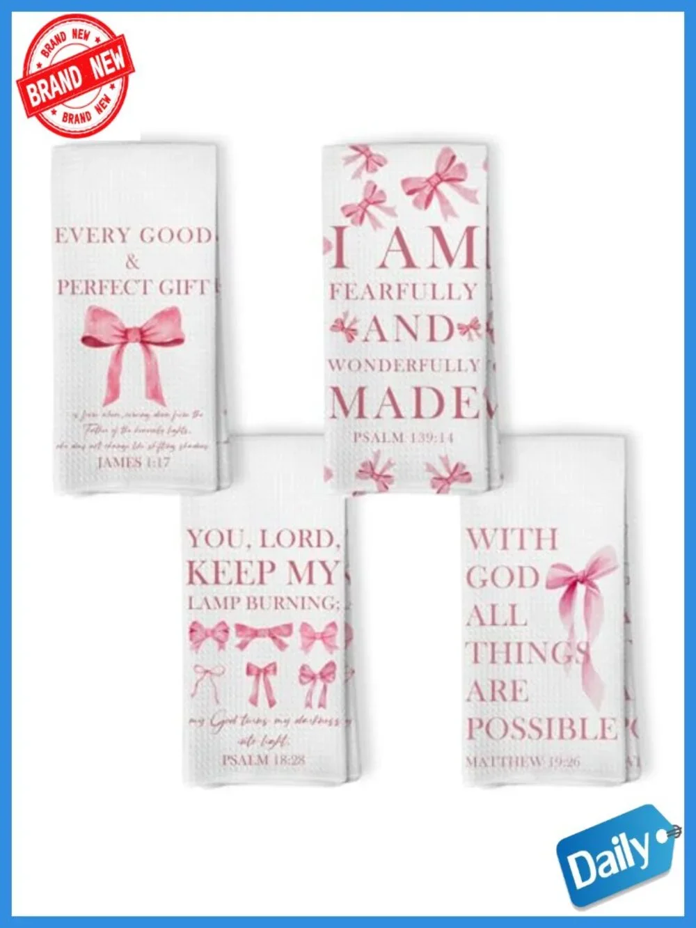 Set of 4 Pink Christian Kitchen Towels, Bible Verse Decorative Hand Towels 16x24